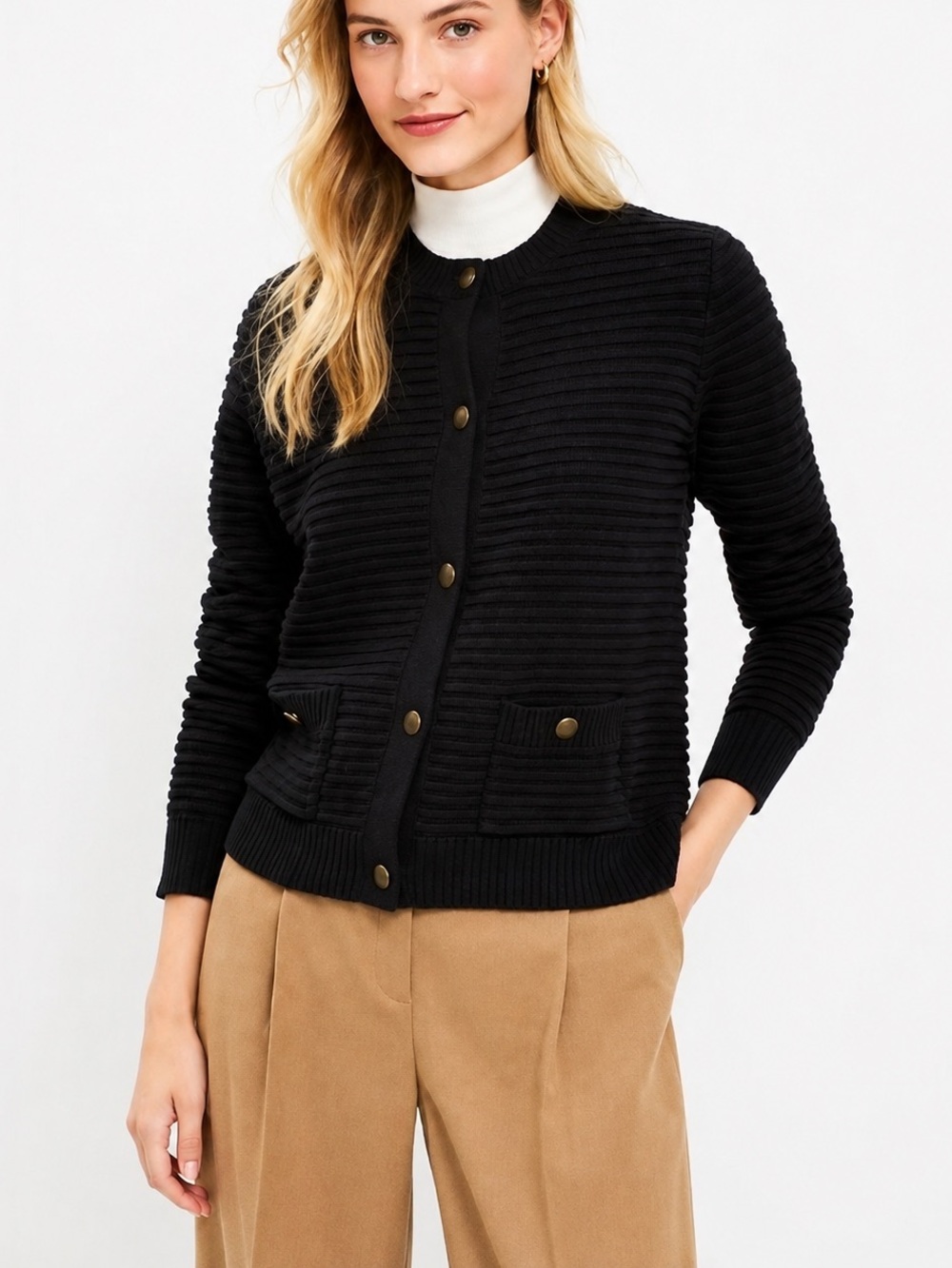 LOFT Black Textured Knit Cardigan Sweater Gold Crest Buttons Size Medium